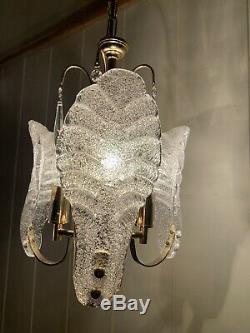 Murano Ice-Glass Chandelier, Midcentury Vintage Italian Light, MCM, Gold Plated