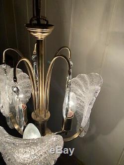 Murano Ice-Glass Chandelier, Midcentury Vintage Italian Light, MCM, Gold Plated