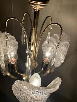 Murano Ice-Glass Chandelier, Midcentury Vintage Italian Light, MCM, Gold Plated