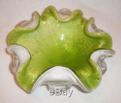 Murano Italian Glass Candy Dish Bowl Green White Gold Flex Vintage