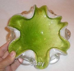 Murano Italian Glass Candy Dish Bowl Green White Gold Flex Vintage
