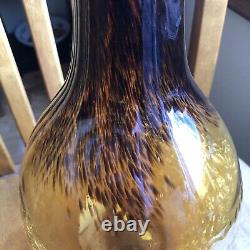 Murano Italy Crackle Amber Hand Blown Glass Vase Brown Speckles Vintage