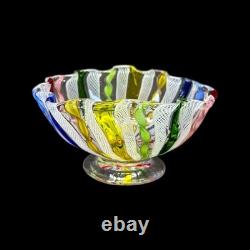 Murano Italy Latticino Decorative Footed Glass Bowl Vintage Ribbon Multicolored