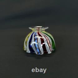 Murano Italy Latticino Decorative Footed Glass Bowl Vintage Ribbon Multicolored