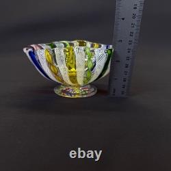 Murano Italy Latticino Decorative Footed Glass Bowl Vintage Ribbon Multicolored