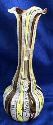 Murano Latticino Glass Ribbon Lace Tricolor Handled Vase Ruffled Italy ca 1950's
