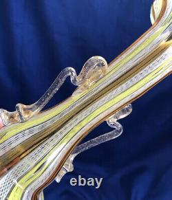 Murano Latticino Glass Ribbon Lace Tricolor Handled Vase Ruffled Italy ca 1950's