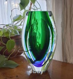 Murano MCM Classic Sommerso Vase Green & Blue 8.5 Teardrop Glass Heavy Vintage