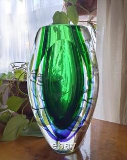 Murano MCM Classic Sommerso Vase Green & Blue 8.5 Teardrop Glass Heavy Vintage
