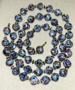 Murano Millefiori Glass Bead Necklace 26 Venetian Italy Blue Vintage 1950s 53g