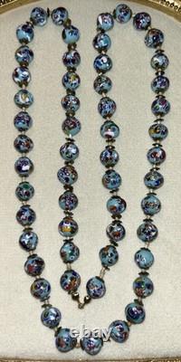 Murano Millefiori Glass Bead Necklace 26 Venetian Italy Blue Vintage 1950s 53g