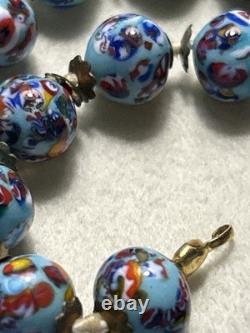 Murano Millefiori Glass Bead Necklace 26 Venetian Italy Blue Vintage 1950s 53g