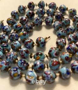 Murano Millefiori Glass Bead Necklace 26 Venetian Italy Blue Vintage 1950s 53g