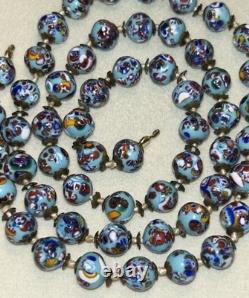 Murano Millefiori Glass Bead Necklace 26 Venetian Italy Blue Vintage 1950s 53g