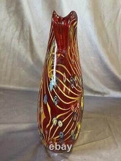 Murano Millefiori Pulled Feather 11.5 Tall Vase Double Handle Red Yellow SWIRLS