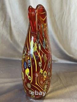 Murano Millefiori Pulled Feather 11.5 Tall Vase Double Handle Red Yellow SWIRLS
