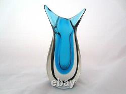 Murano Oball sommerso blue with black stripe fishtail art glass bud vase signed