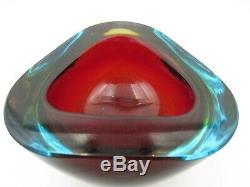 Murano Poli Seguso era red in watery blue Art Glass Triangle Geode Bowl Vintage