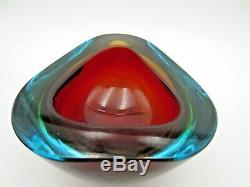 Murano Poli Seguso era red in watery blue Art Glass Triangle Geode Bowl Vintage