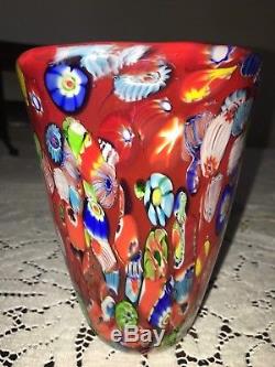 Murano Red Millefiori Hand Blown Art Glass Vase Italy Italian vintage heavy