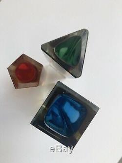 Murano Sommerso Glass Vase Set Green Blue Red, Three Four & Five Sided Vintage
