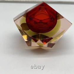 Murano Sommerso Mandruzzato Faceted MCM Geometric Bowl Art Glass Amber Red Ruby