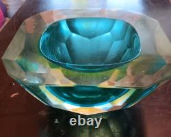Murano Sommerso Vintage Diamond Cut Glass Bowl-blue/green