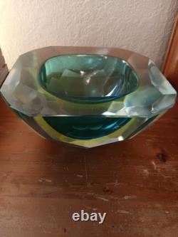 Murano Sommerso Vintage Diamond Cut Glass Bowl-blue/green