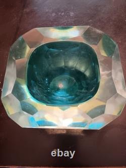 Murano Sommerso Vintage Diamond Cut Glass Bowl-blue/green
