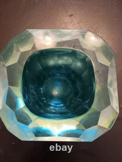 Murano Sommerso Vintage Diamond Cut Glass Bowl-blue/green