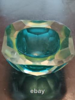 Murano Sommerso Vintage Diamond Cut Glass Bowl-blue/green