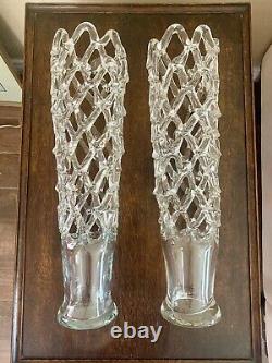 Murano Style Large Lattice Openwork Italian Vintage Art Glass Clear Vases 2 MCM