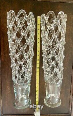 Murano Style Large Lattice Openwork Italian Vintage Art Glass Clear Vases 2 MCM