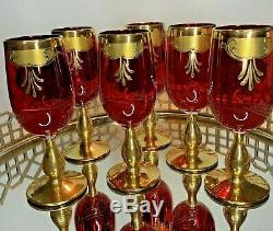 Murano Venetian Art Glass Vintage Stem Wine Gold Ruby Red Enamel Lot of 6 #EL60