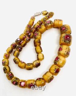 Murano Venetian Custard Millefiori Glass Beaded Necklace Vintage Jewelry