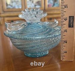 Murano Vintage Glass Light Blue Bonbon Candy Jar Dish Flower Knob Venetian