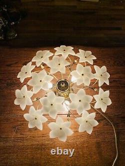 Murano Vintage Glass White Flower Chandelier, Gold Plated Italian Light, MCM