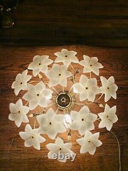 Murano Vintage Glass White Flower Chandelier, Gold Plated Italian Light, MCM