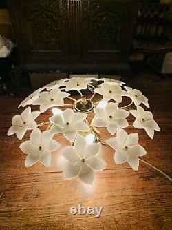 Murano Vintage Glass White Flower Chandelier, Gold Plated Italian Light, MCM