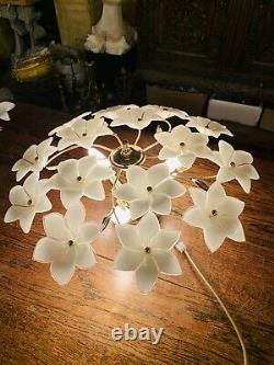 Murano Vintage Glass White Flower Chandelier, Gold Plated Italian Light, MCM