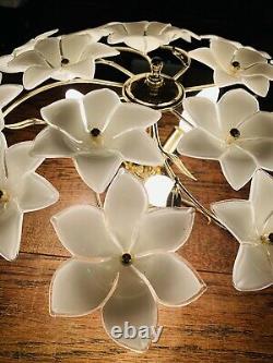 Murano Vintage Glass White Flower Chandelier, Gold Plated Italian Light, MCM