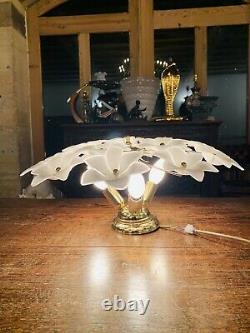 Murano Vintage Glass White Flower Chandelier, Gold Plated Italian Light, MCM