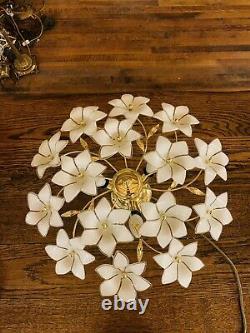 Murano Vintage Glass White Flower Chandelier, Gold Plated Italian Light, MCM