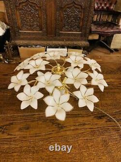 Murano Vintage Glass White Flower Chandelier, Gold Plated Italian Light, MCM