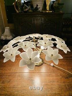 Murano Vintage Glass White Flower Chandelier, Gold Plated Italian Light, MCM