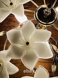 Murano Vintage Glass White Flower Chandelier, Gold Plated Italian Light, MCM