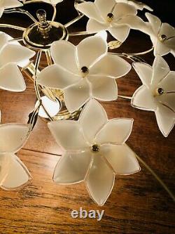 Murano Vintage Glass White Flower Chandelier, Gold Plated Italian Light, MCM