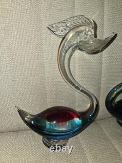 Murano Vintage Green, Blue, Red Venetian Glass Swan Figurines