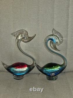 Murano Vintage Green, Blue, Red Venetian Glass Swan Figurines