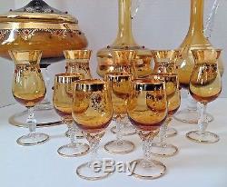Murano Vintage Italian Amber Color Jeweled Glass Set of 15 Pieces. GORGEOUS